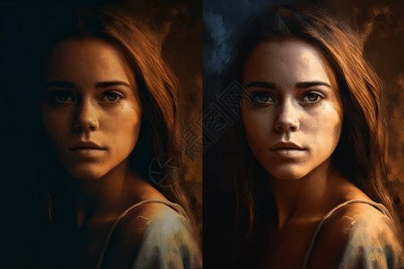 美妆对比的女孩肖像图调色前后对比背景