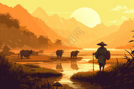 中式牧牛人与水牛图片