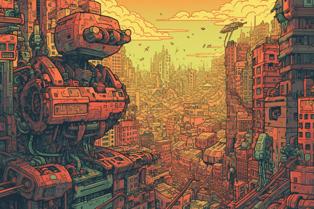 占领机器人破坏城市插画