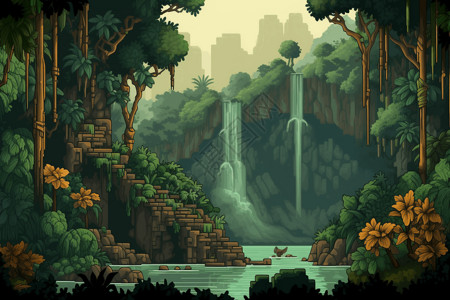 瀑布像素丛林背景图片