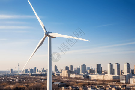 背景为城市的风力涡轮机图片