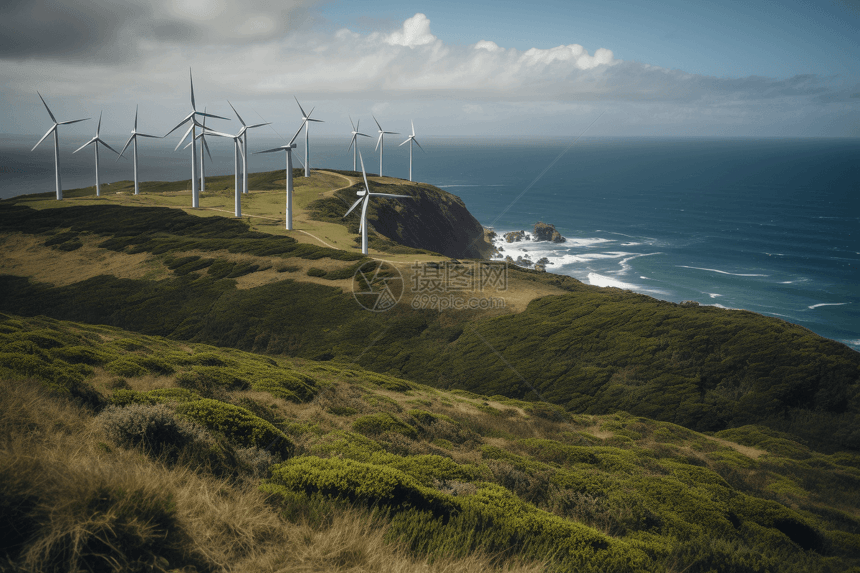 海边的一排排风力发电机图片