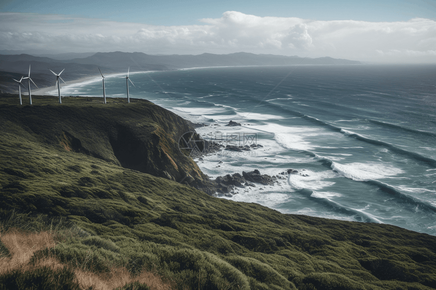 海岸边的风力发电机图片