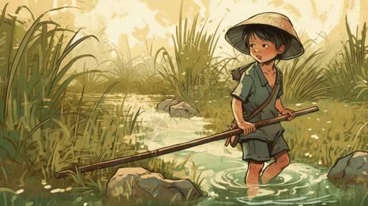 夏日男孩在小溪里钓鱼图片