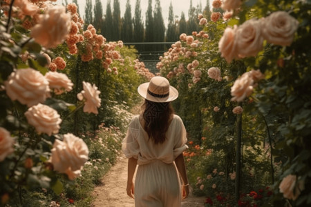 漂亮的玫瑰花园的女孩背景图片