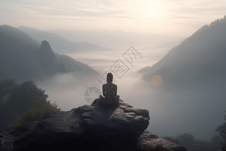 女孩在山顶练瑜伽背景图片