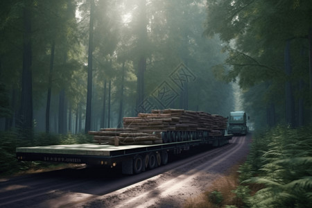 驾驶货车大型拖车运输木材插画