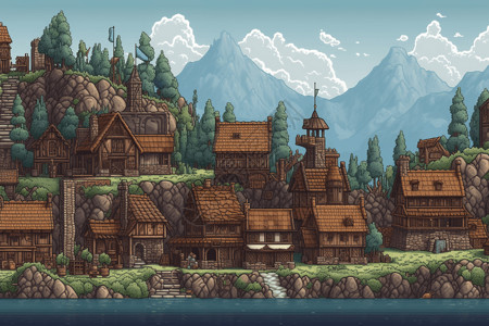 北欧建筑风景像素中世纪村庄插画