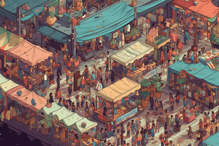 市集摊位拥挤的像素市场插画