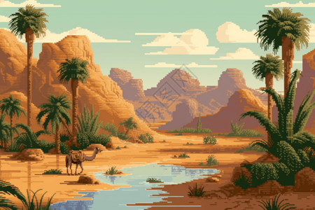 沙漠绿洲与棕榈树图片