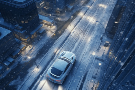 跑车驶过积雪覆盖的城市街道设计图片