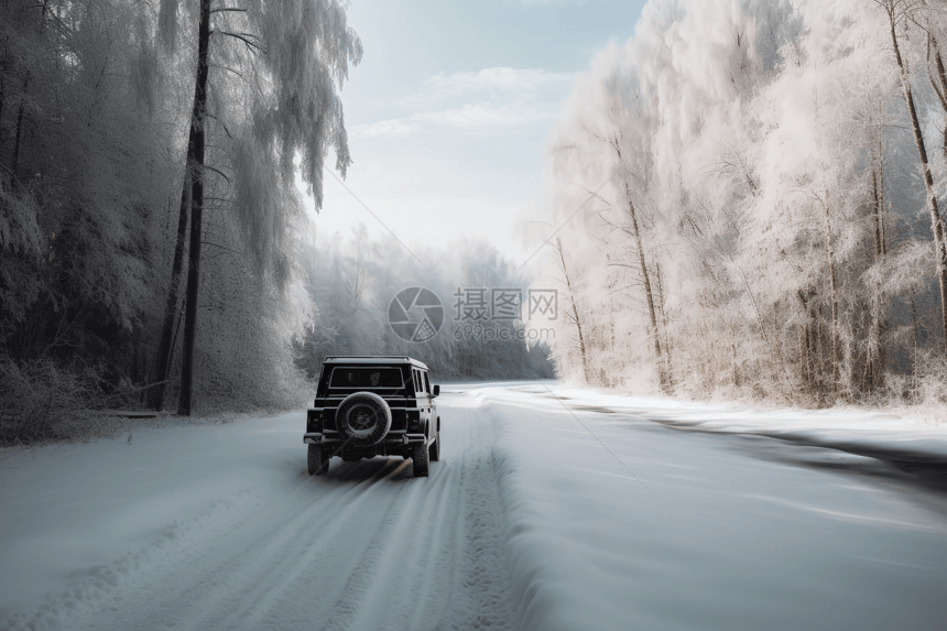 吉普车在积雪覆盖的森林小径上行驶图片