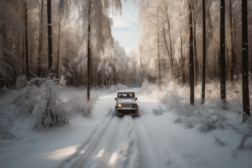 吉普车驶过白雪皑皑的森林图片