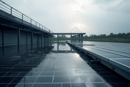 水处理厂上的反光的太阳能电池板图片