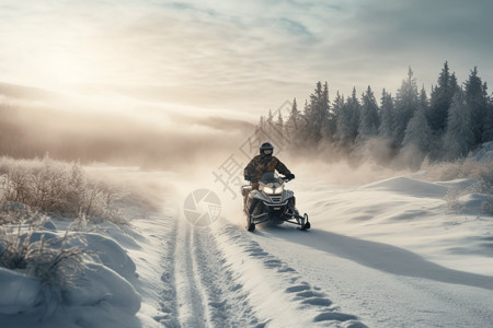 一辆雪地摩托人在雪地里奔跑图片