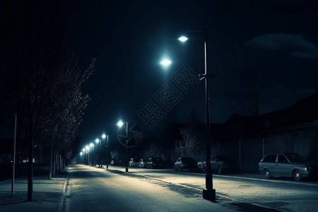 太阳能路灯照亮夜间的街景高清图片