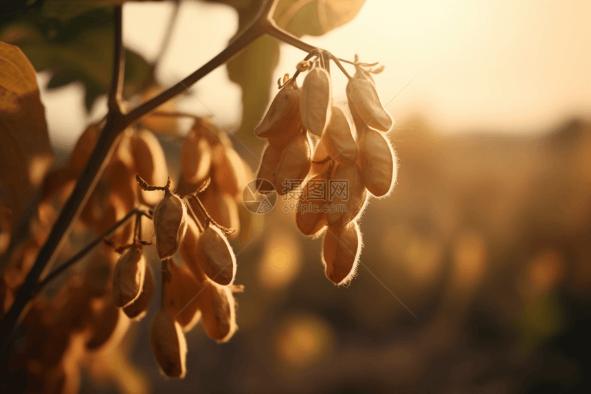 背景模糊的悬挂成熟豆荚图片