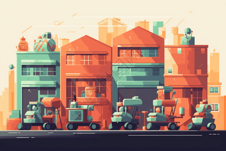 几个送货机器人聚集在一个五颜六色的仓库外面图片