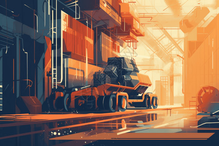 重型柴油车在流线型工厂中移动重型运输集装箱插画
