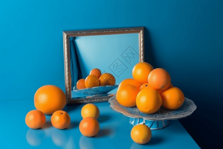 水果蓝桌孤立橙色近镜背景图片
