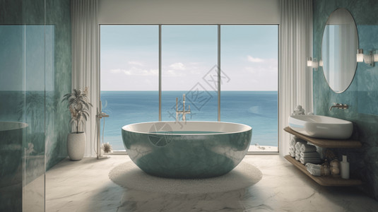 蓝色浴缸海边酒店卫生间浴缸背景