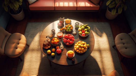 餐桌上有新鲜水果的俯视图片