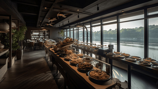 沿海景色的自助餐厅图片
