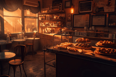 面包店场景一个舒适的咖啡馆场景，配有咖啡和糕点，具有温暖的色调和柔和的灯光。背景