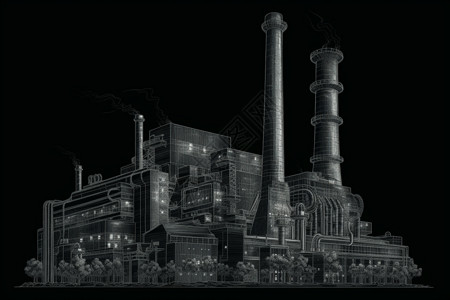 电厂烟囱燃煤电厂的详细绘制图插画