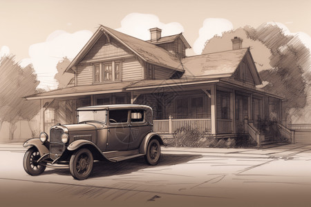 素描复古素材豪宅前的汽车线稿插画