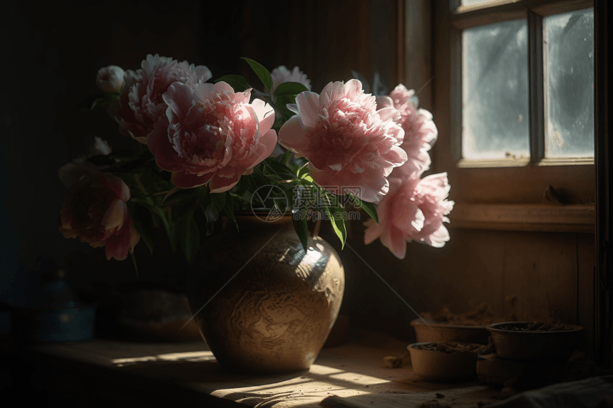 花瓶中精致的粉红色牡丹图片