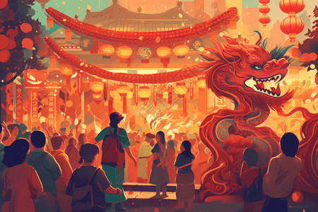 人群新春中国舞龙在新年热闹街头插画