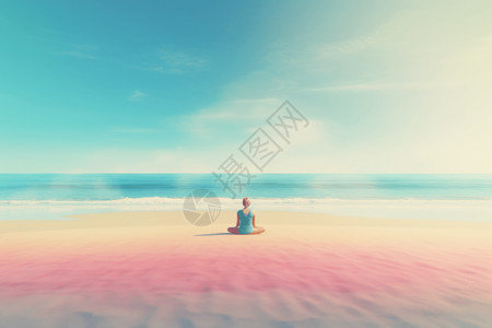 海洋风格边框一个在海滩上做瑜伽的人插画