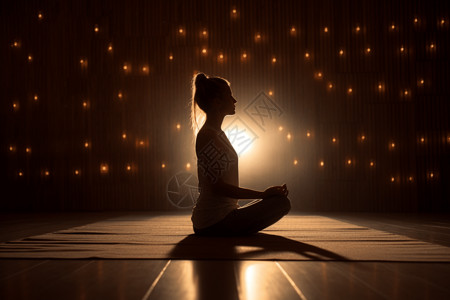 剪影风格一个在瑜伽馆冥想的女人背景