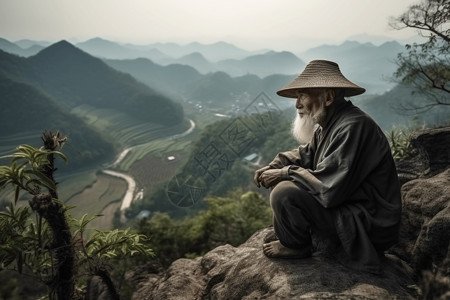竹帽白胡子老人坐在岩石上背景