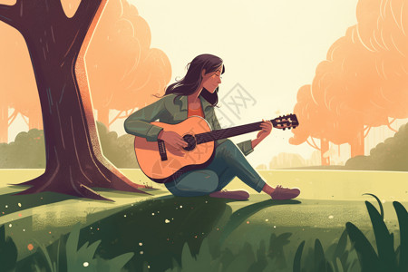 公园特写在公园里弹吉他的女人插画