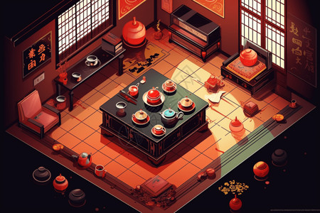 中国茶馆扁平室内游戏风插图图片