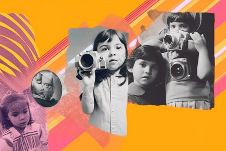 使用相机拍照的韩系女孩女孩的童年概念拼贴画设计图片