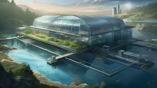 玻璃温室大棚未来感的鱼类孵化场设计图片