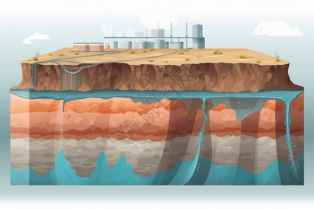 水横截面带有热水和岩石层的地热水库的横截面插画