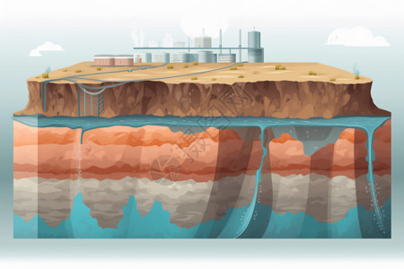 带有热水和岩石层的地热水库的横截面高清图片