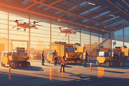 机场服务机器人高科技物流工厂插画