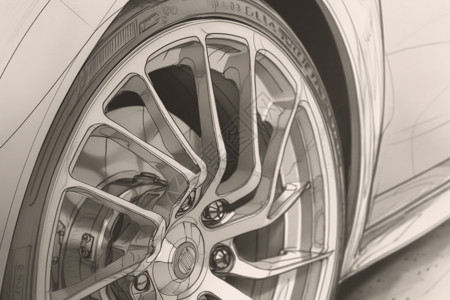 手绘轮胎单色汽车制动系统的特写插画