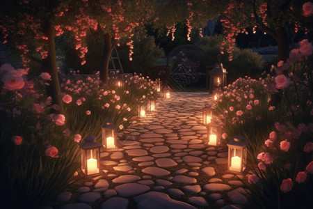 一排灯笼浪漫的夜晚玫瑰花瓣覆盖地面插画