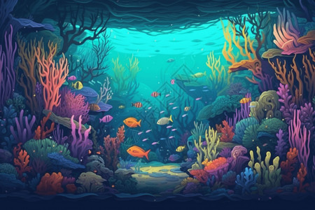 像素艺术海底世界五颜六色的鱼和珊瑚礁图片