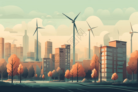 风光发电风力发电围绕着整个城市插画