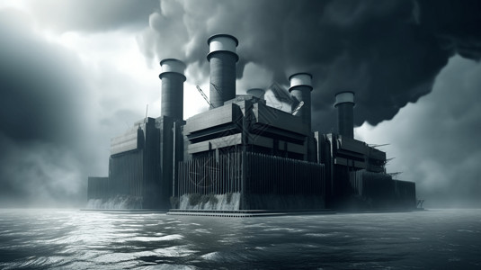 海上升明月海面上冒着浓烟的发电厂设计图片