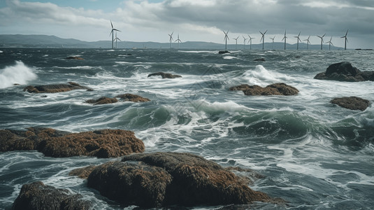 海上的一排风力发电机高清图片