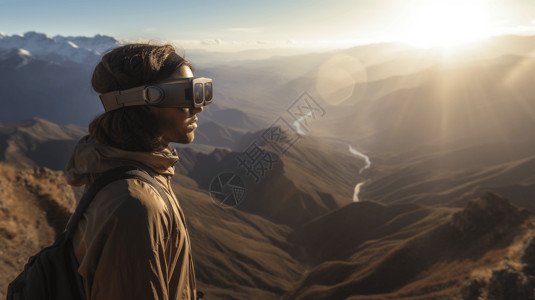 戴着AR眼镜在山顶上看风景的人背景图片