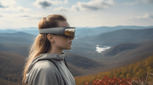 站在山顶上戴着AR眼镜的人背景图片